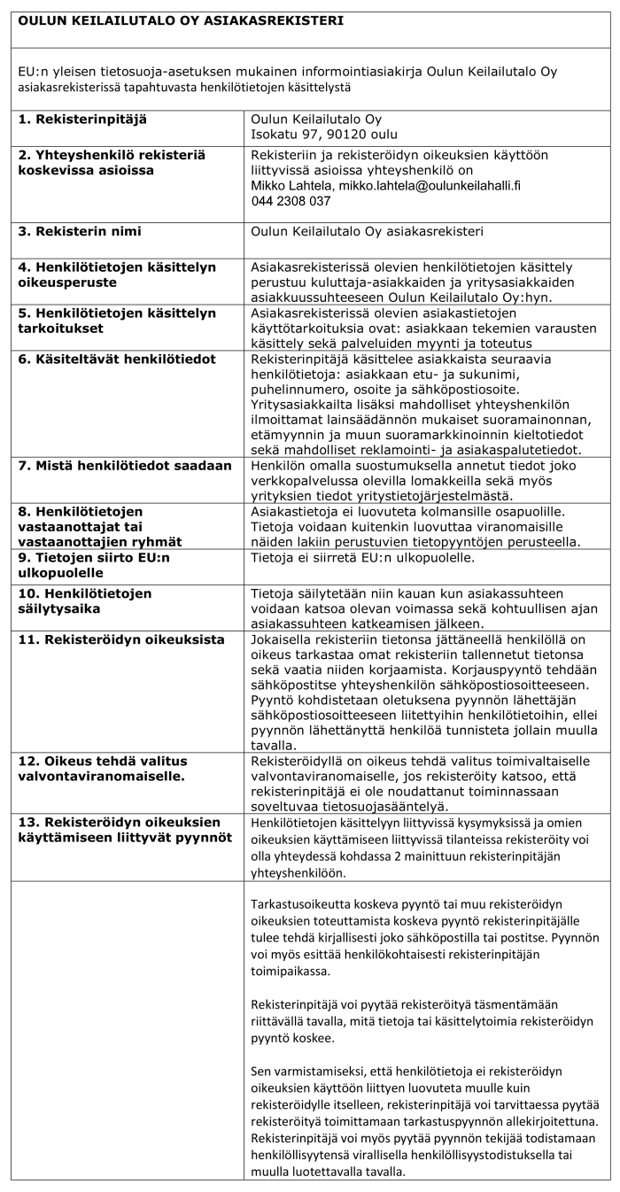 Hinnasto Oulun Keilahalli